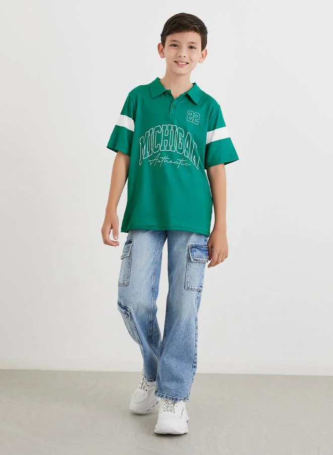 Styli Styli Boys Dark Green Printed Polo T-Shirt